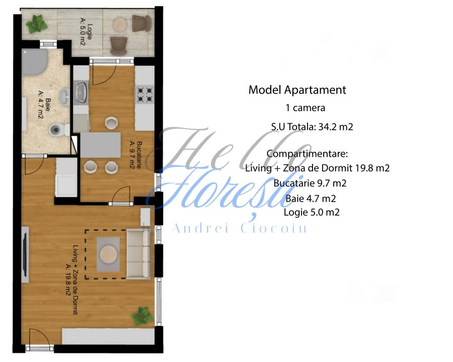 Apartament 1 camera, 34 mp, decomandat, Zona Eroilor