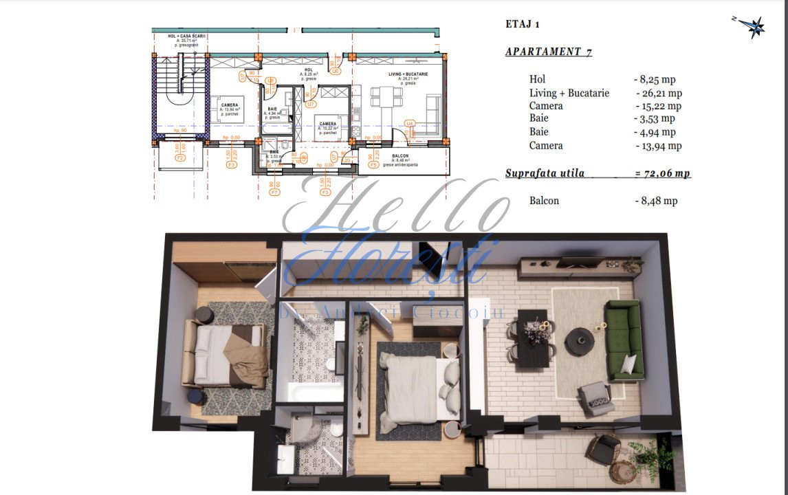 Apartament 3 camere cu terasa, semifinisat, 72 mp, zona Terra Gardens, Chinteni 