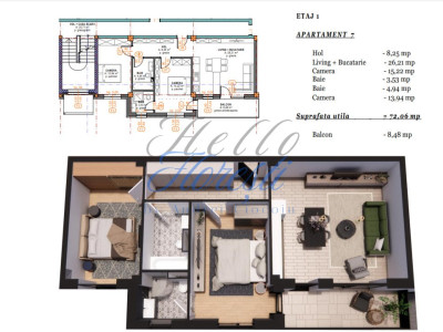 Apartament 3 camere cu terasa, semifinisat, 72 mp, zona Terra Gardens, Chinteni 
