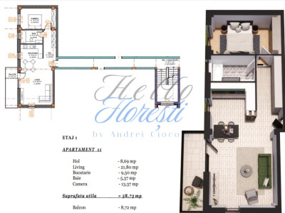 Apartament 2 camere cu terasa, semifinisat, 59 mp, zona Terra Gardens, Chinteni 