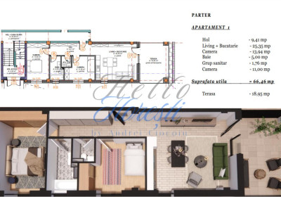 Apartament 3 camere cu terasa, semifinisat, 66 mp, zona Terra Gardens, Chinteni 
