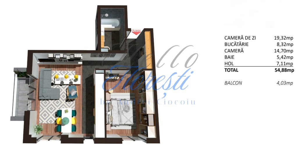 Apartament 2 camere, finisat, 55 mp, Zona Teilor