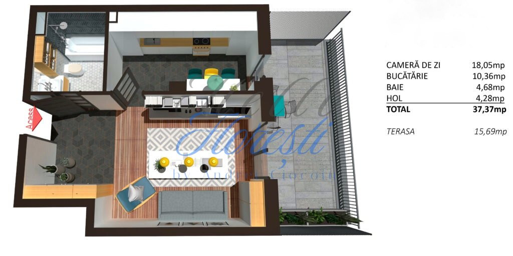 Apartament 1 camera cu terasa, finisat, 37 mp, Zona Teilor