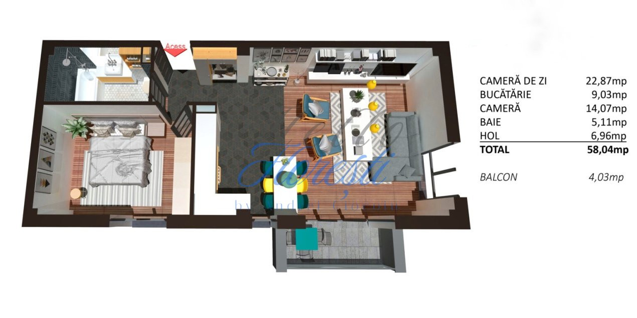 Apartament 2 camere, finisat, 58 mp, Zona Teilor