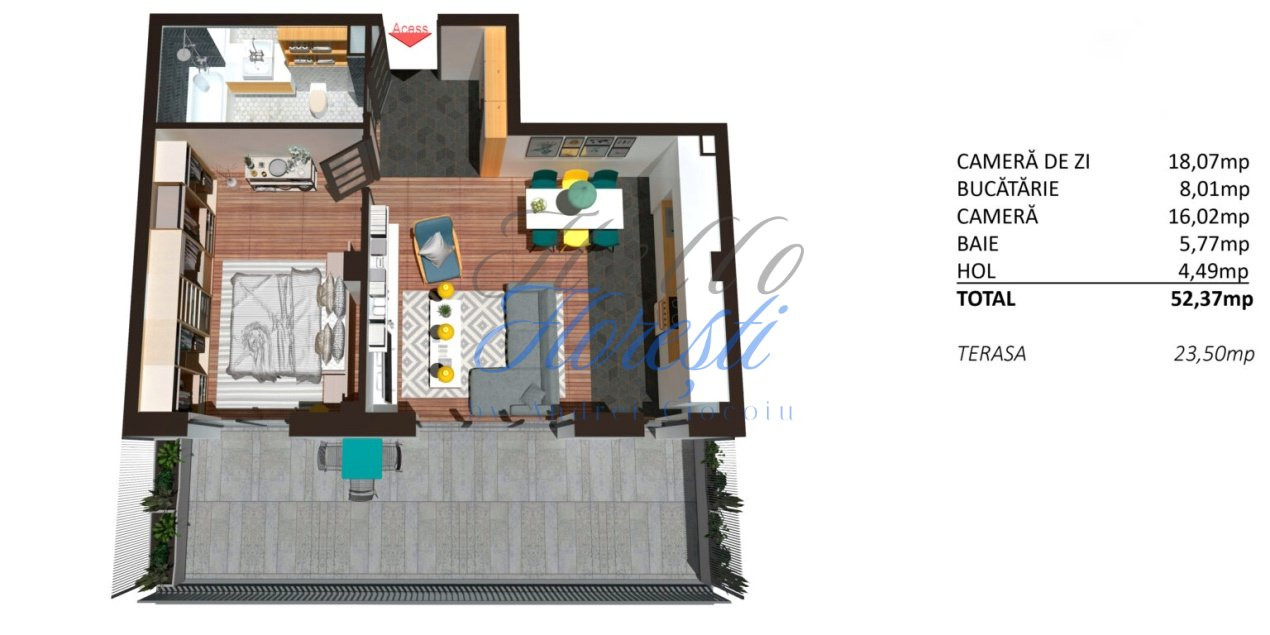 Apartament 2 camere cu terasa, finisat, 52 mp, Zona Teilor