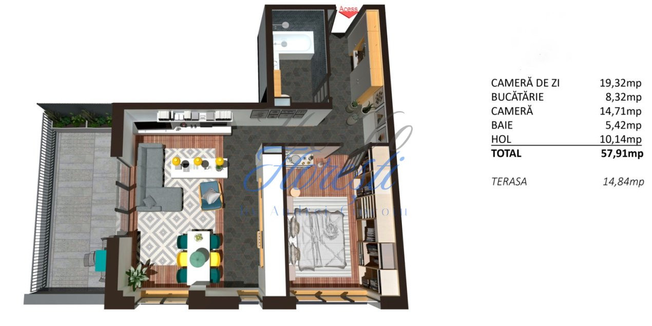 Apartament 2 camere cu terasa, finisat, 58 mp, Zona Teilor