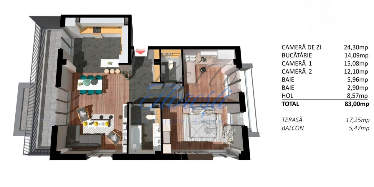 Apartament 2 camere cu terasa, finisat, 83 mp, Zona Teilor