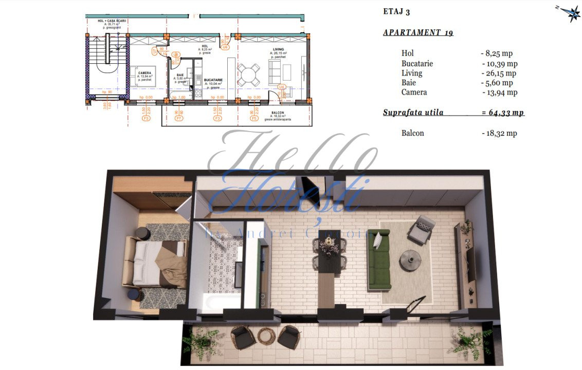 Apartament 2 camere cu terasa, semifinisat, 64 mp, zona Terra Gardens, Chinteni 
