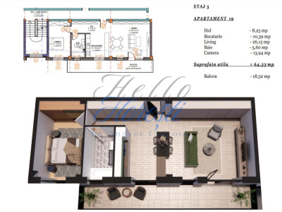 Apartament 2 camere cu terasa, semifinisat, 64 mp, zona Terra Gardens, Chinteni 