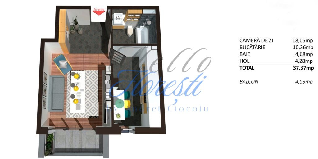 Apartament 1 camera cu terasa, finisat, 44 mp, Zona Teilor