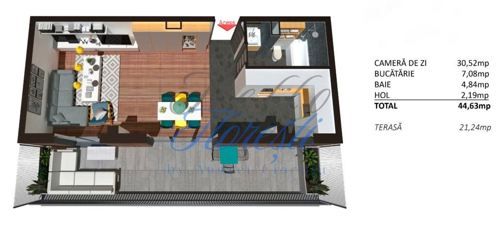 Apartament 1 camera cu terasa, finisat, 44 mp, Zona Teilor