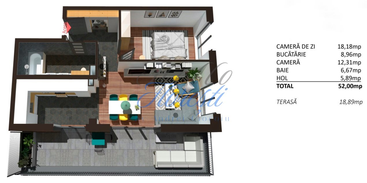Apartament 2 camere cu terasa, finisat, 52 mp, Zona Teilor