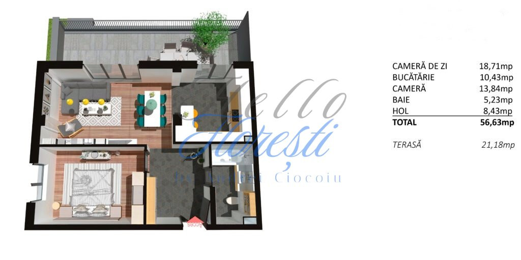 Apartament 2 camere cu terasa, finisat, 56 mp, Zona Teilor