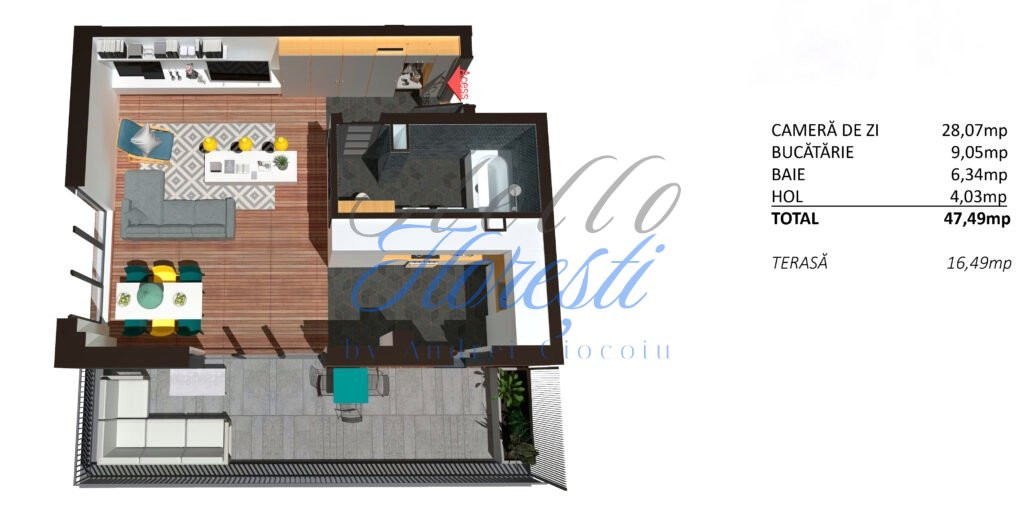 Apartament 1 camera cu terasa, finisat, 47 mp, Zona Teilor