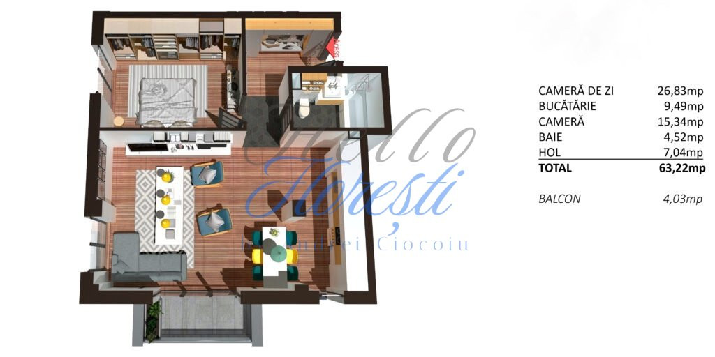 Apartament 2 camere, finisat, 63 mp, Zona Teilor