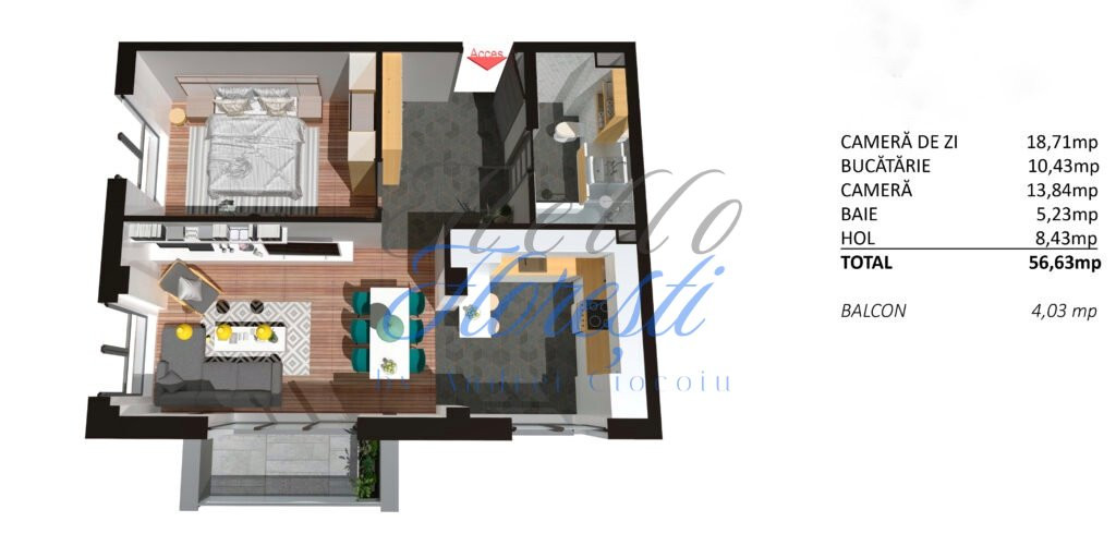 Apartament 2 camere, finisat, 56 mp, Zona Teilor