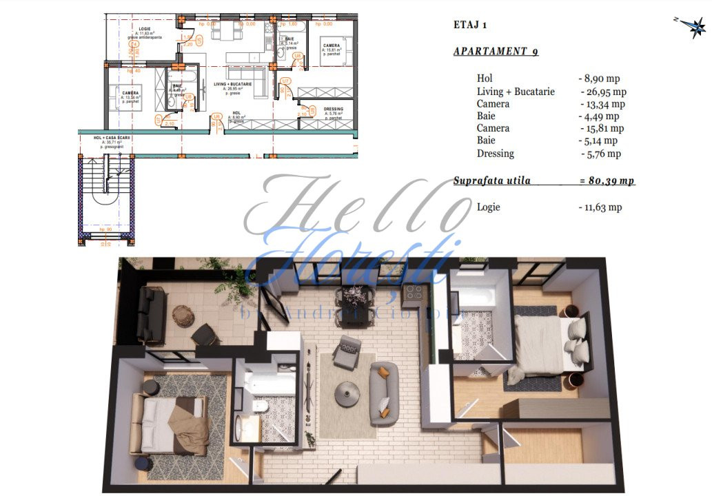Apartament 3 camere cu terasa, semifinisat, 80 mp, zona Terra Gardens, Chinteni 