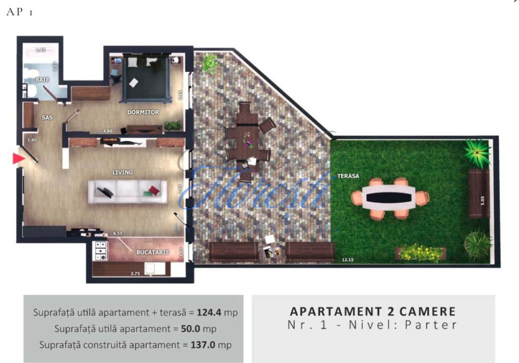Apartament cu 2 camere semidecomandate si Terasa in zona VIVO