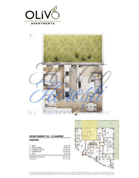 Apartament 2 camere și terasă, suprafață utilă 54,43 mp, zona Gheorgheni