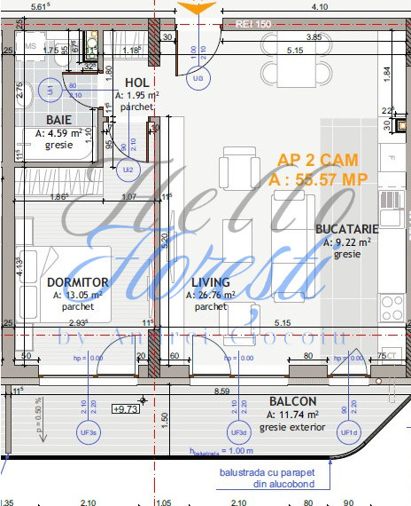  Apartament 2 camere 55.5 mp, 12mp balcon, parcare inclusa, ansamblu Eroilor
