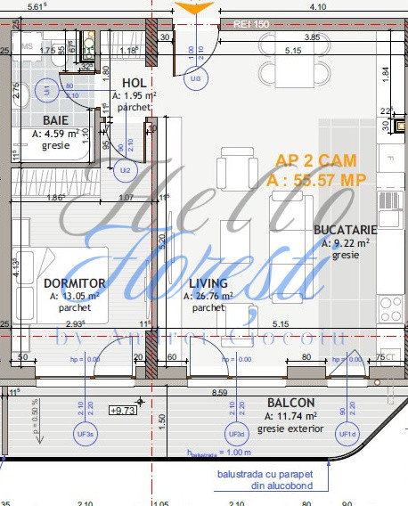  Apartament 2 camere 55.5 mp, 12mp balcon, parcare inclusa, ansamblu Eroilor
