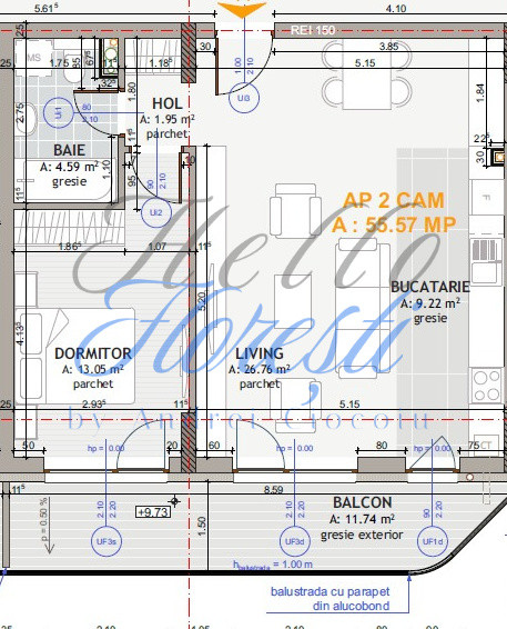  Apartament 2 camere 55.5 mp, 12mp balcon, parcare inclusa, ansamblu Eroilor
