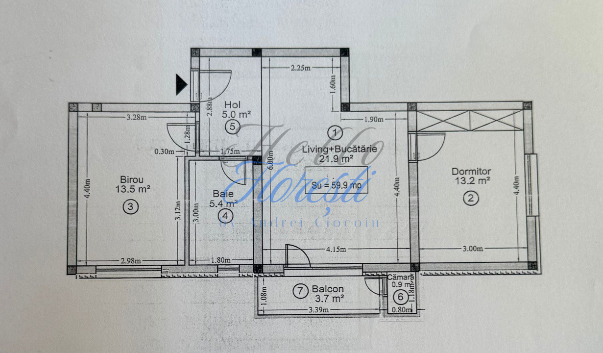 Apartament 3 camere 59.9 mp + balcon 3,7 mp in Floresti zona Cetatii 