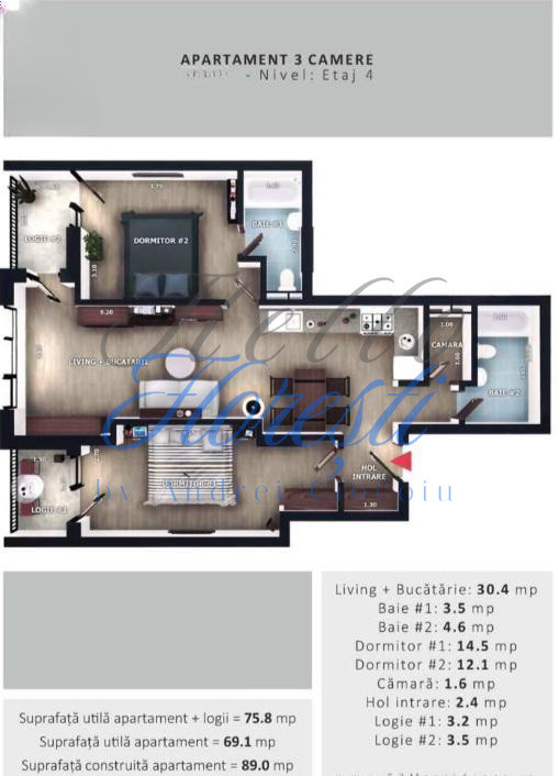 Apartament 3 camere, 69,1 mp | Zona Vivo | Floresti |
