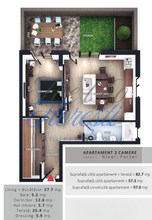 Apartament 2 camere, 57,3mp |Terasa 25,4 | Zona Vivo | Floresti |