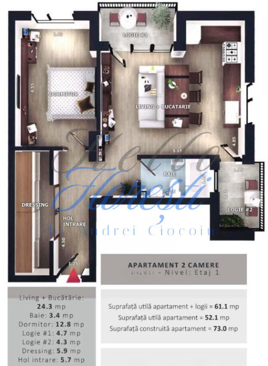 Apartament 2 camere, 52,1 mp | Zona Vivo | Floresti |