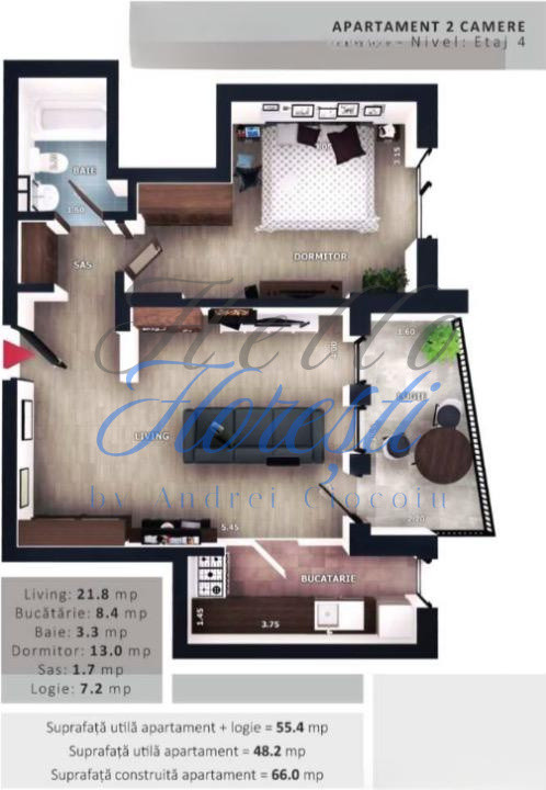 Apartament 2 camere, 48,2mp | Zona Vivo | Floresti |
