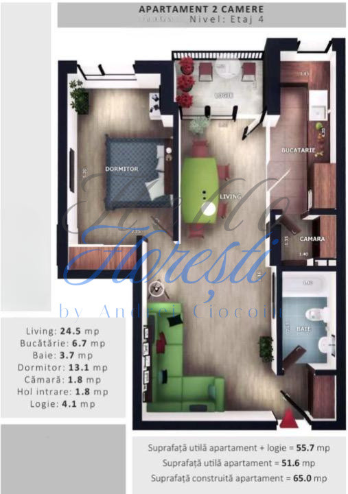 Apartament 2 camere, 51,6mp | Zona Vivo | Floresti |