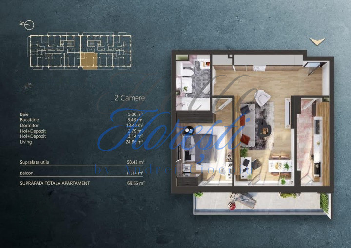 Apartament 2 camere, 58.42 mp , zona Iris, Cluj