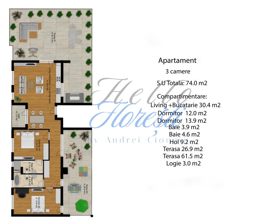 Penthouse 3 camere, 74 mp, terase 88 mp decomandat, Zona Eroilor