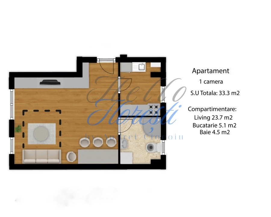 Apartament 1 camera, 33 mp, decomandat, Zona Eroilor