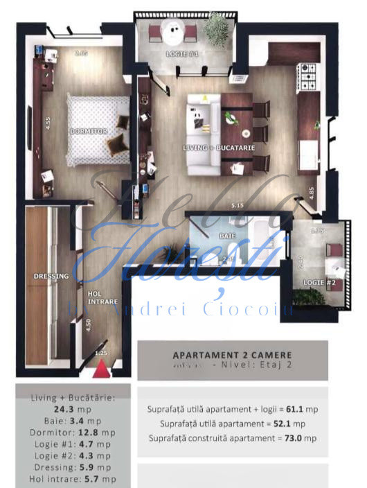 Apartament 2 camere, 52,1mp | Zona Vivo | Floresti |
