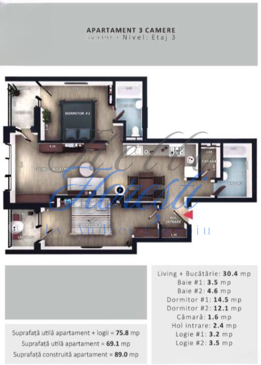 Apartament 3 camere, 69,1 mp | Zona Vivo | Floresti |