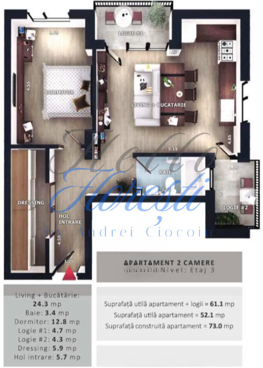 Apartament 2camere, 52,1mp | Zona Vivo | Floresti |