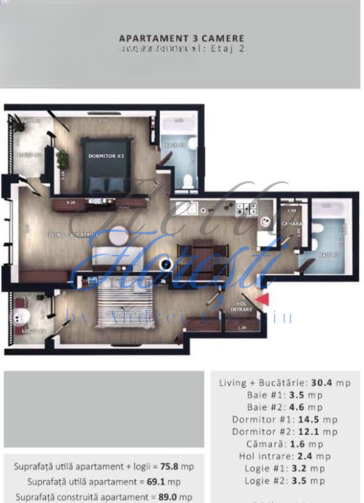 Apartament 3 camere, 69,1 mp | Zona Vivo | Floresti |