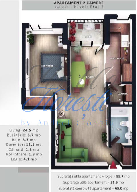 Apartament 2 camere, 51,6mp | Zona Vivo | Floresti |