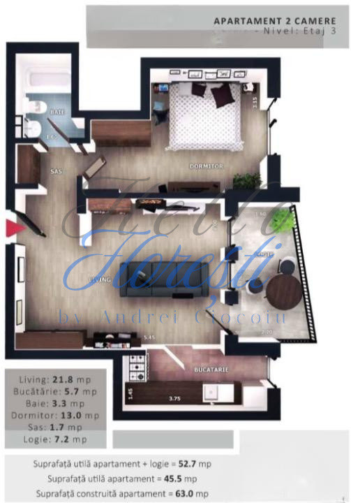 Apartament 2 camere, 45,5mp | Zona Vivo | Floresti |