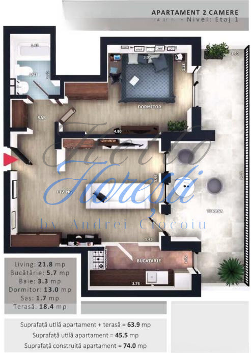 Apartament 2 camere, 45,5mp | Zona Vivo | Floresti |