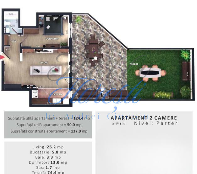 Apartament 2 camere, 50 mp| Terasa 74,4 mp | Zona Vivo | Floresti |