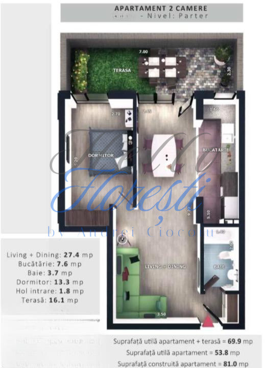 Apartament 2 camere, 53,8mp| Terasa 16,1 mp | Zona Vivo | Floresti |
