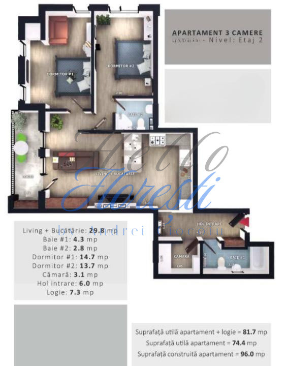 Apartament 3 camere, 74,4 mp | Zona Vivo | Floresti |