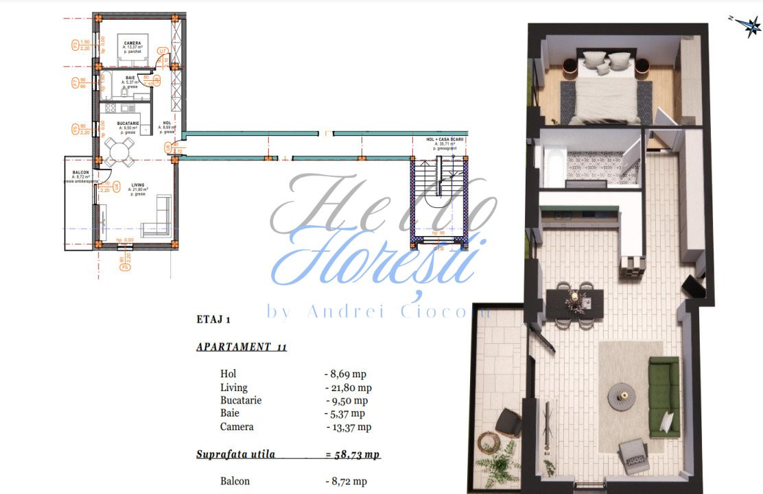 Apartament 2 camere cu terasa, semifinisat, 59 mp, zona Terra Gardens, Chinteni 