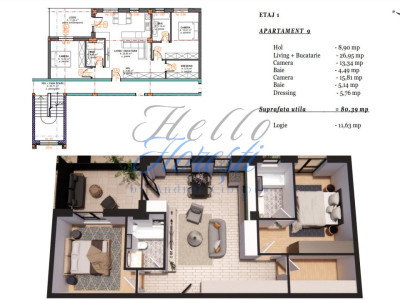Apartament 3 camere cu terasa, semifinisat, 80 mp, zona Terra Gardens, Chinteni 