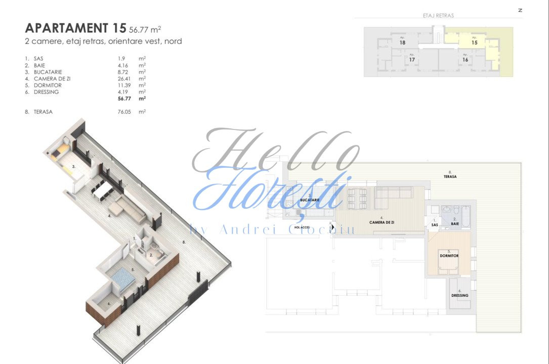 Apartament cu terasă generoasă, zonă Tineretului, Florești